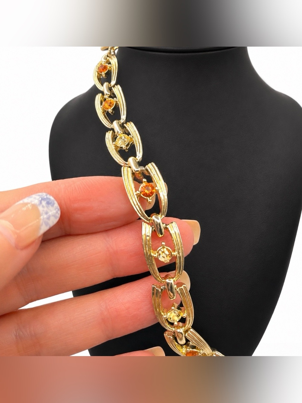 Coro Gold Tone Multi Colored Rhinestone Linked Necklace Vintage Beautiful *Read* - Picture 3 of 11